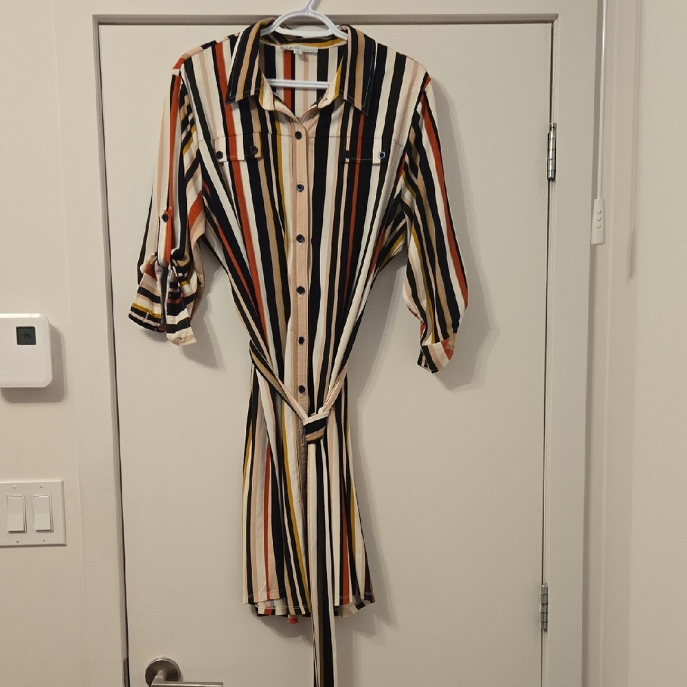 Cleo Black Tan Buttoned Tie Front Shirt Dress